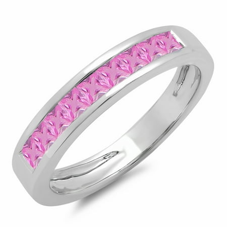 - 0.75 Carat (ctw) 18K White Gold Princess Cut Pink Sapphire Ladies Anniversary Wedding Band Stackable Ring 3/4 CT