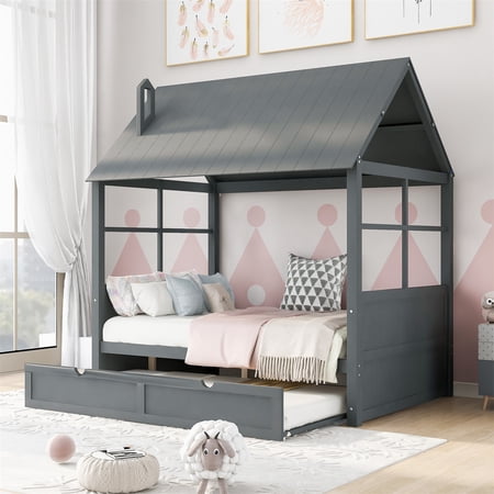 Full House Bed with Trundle  Solid Wood House Shaped Bed for Kids  Full Size Bed Frame with Twin Size Trundle  Wood Full Bed Frame for Children Teens Adults  No Box Spring Needed  Gray