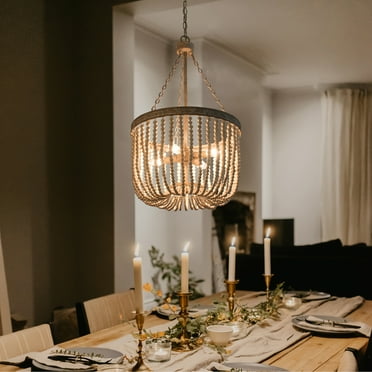 LNC Boho Wood Beads 4-light Chandelier Empire Weathered Coastal Ceiling Light for Dining Room - D15.5"*H87"