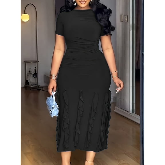Stylish Plus Size Short Sleeve Ruffle Hem Bodycon Dress for Women's Parties