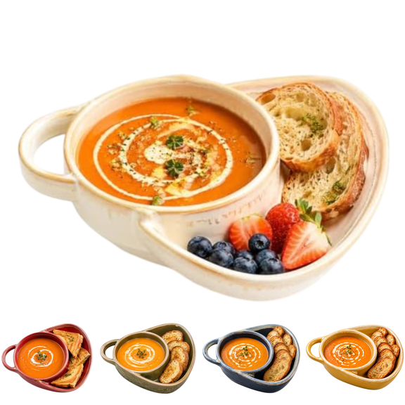 Soup and Sandwich Bowl, Soup Bowls with Bread Holder, Ceramic Divided Plate with Handle, Muticolor Chip and Dip Plate, Soups and Bread Bowl Combo for Breakfast Cookies Bread Salad Fruits