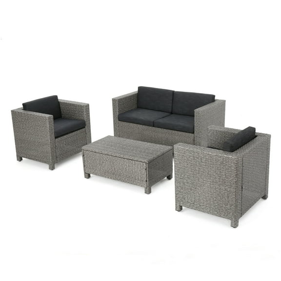 GDF Studio Venice Outdoor Wicker 4 Seater Chat Set with Cover, Mixed Black and Dark Gray