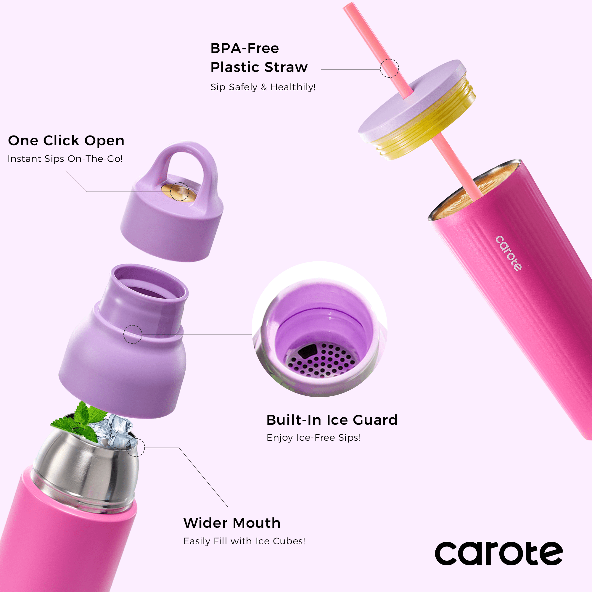 Carote 2-pack, 19 fl oz & 21 fl oz, Insulated Stainless Steel Highlight Series Water Bottles, Straw/Push, Pink