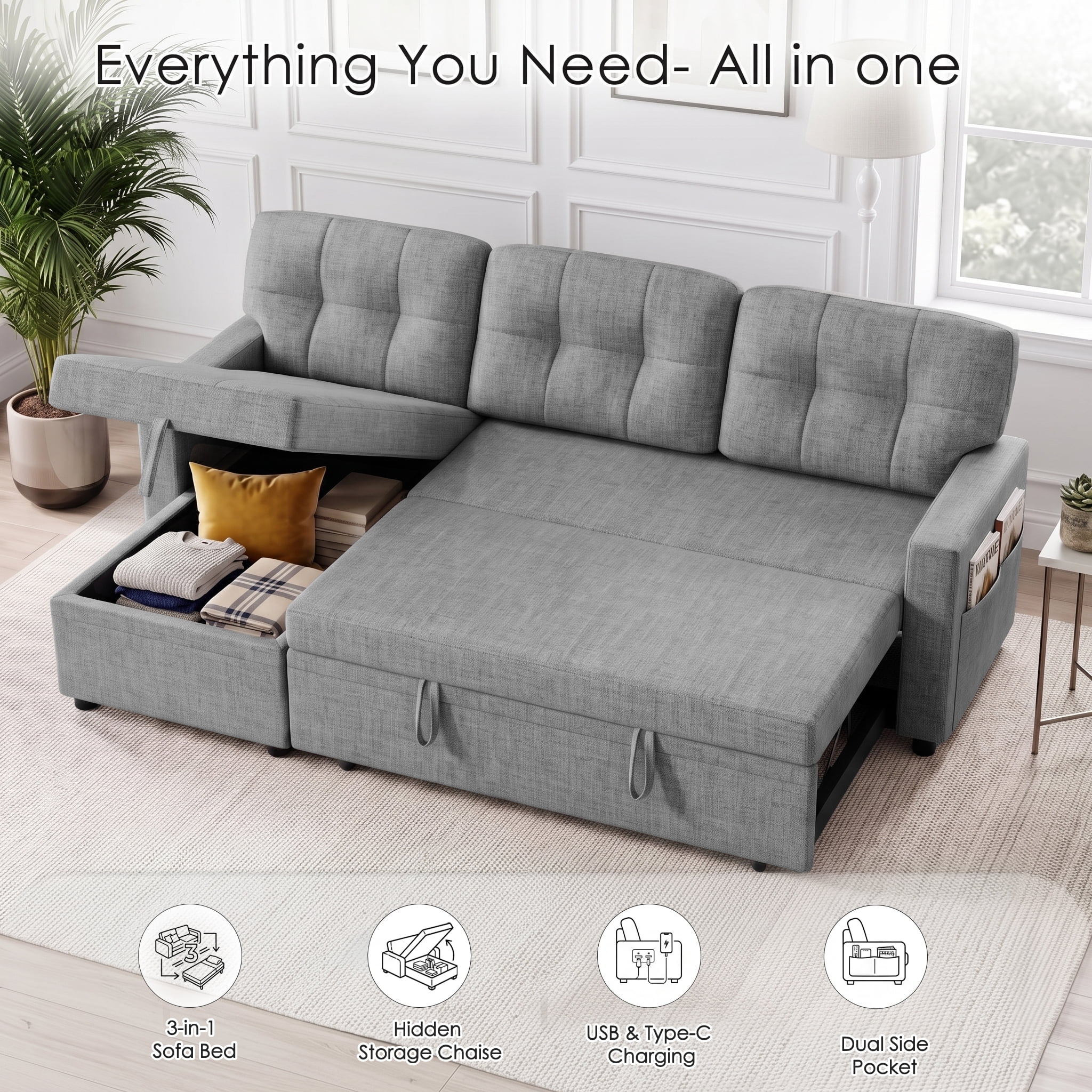 Convertible Sectional Sleeper Sofa Bed, 82" L Shaped Sofa with Pull Out Couch, Reversible Chaise, Storage & Charging Ports, Linen Fabric 3 Seater Couch for Small Spaces Living Room, Light Gray