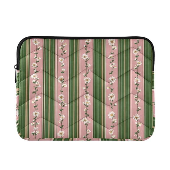 Pink Green Stripes with Small White Flowers Quilted Laptop Protective Cases Computer Sleeves Tablet Bags Briefcases M