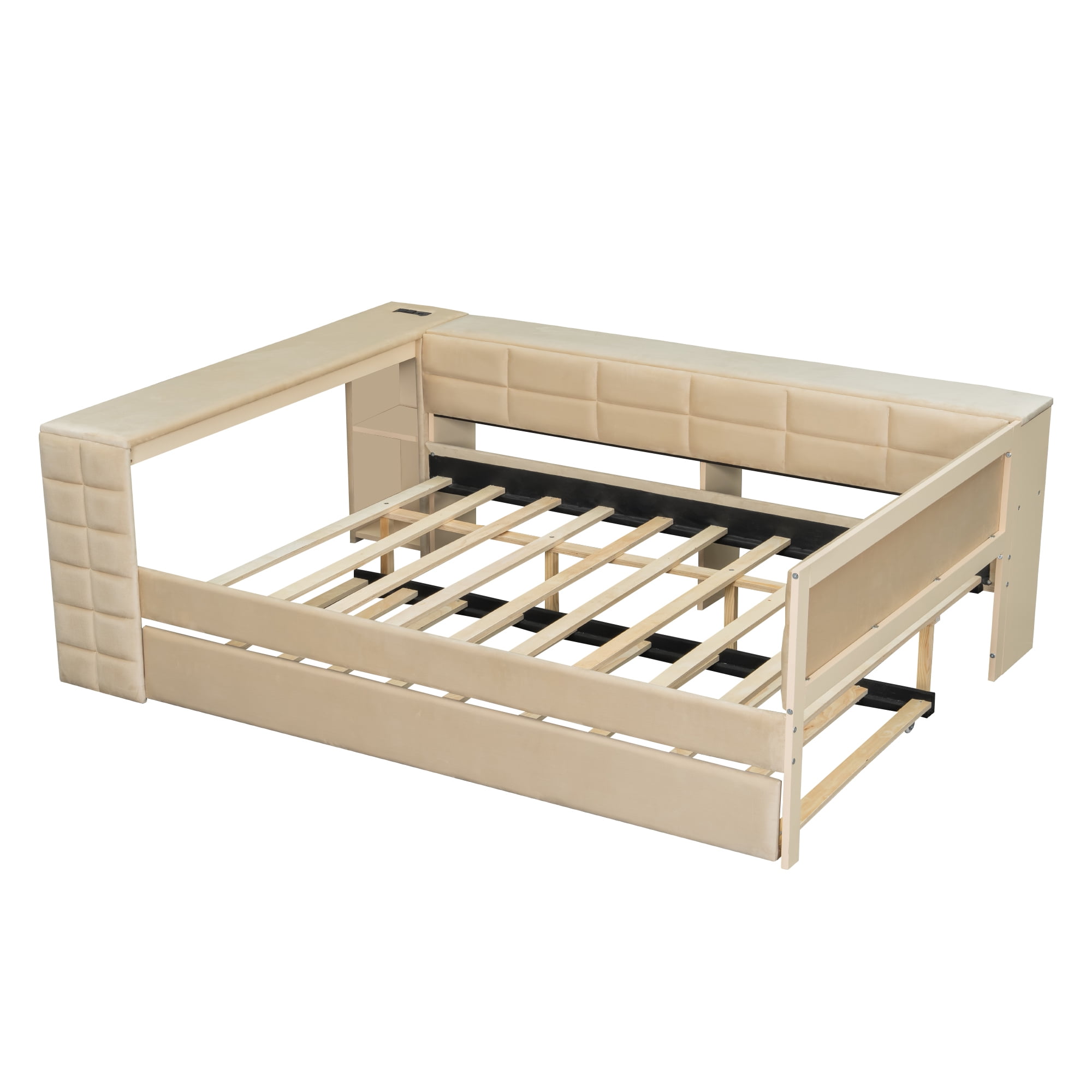 Euroco Upholstery Full Size Platform Bed with Desk and Shelves, Trundle Bed and USB Charging for Kids, Beige