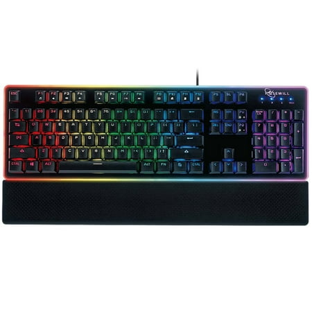 ROSEWILL Gaming Keyboard, RGB LED Backlit Wired Membrane Mechanical Feel Keyboard with Removable Keycaps and Wrist Rest NEON