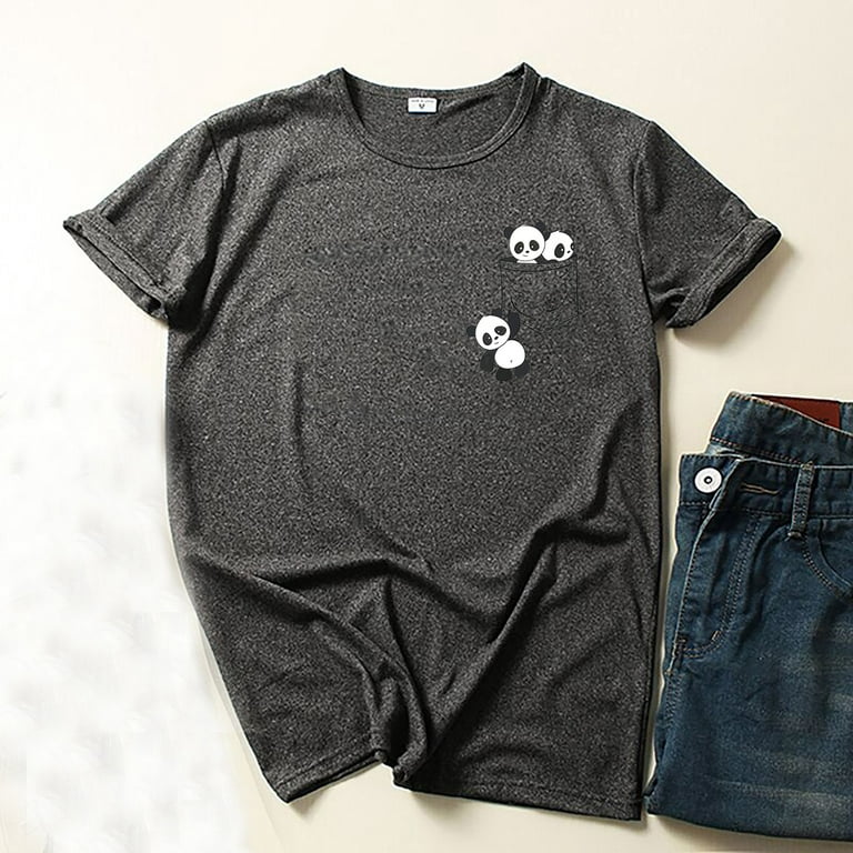 Summer Shirts for Women Panda Printed Short-Sleeved Crewneck Tee