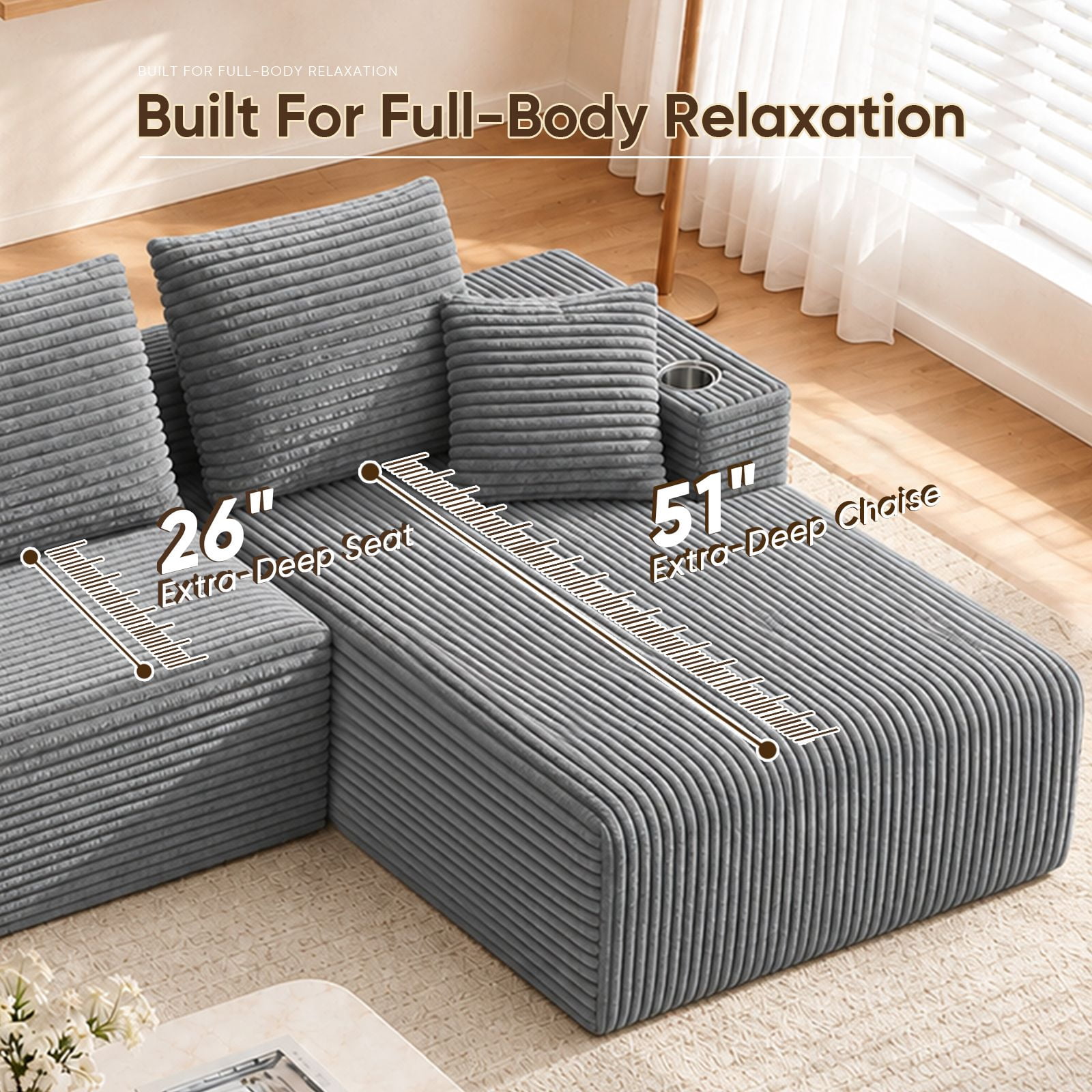 Lunale 95" Modular Sectional Sofa, L-Shaped Boneless Cloud Couch with Cup Holders, Modern Deep Seat Sofa for Living Room, Gray (Right Facing Chaise)