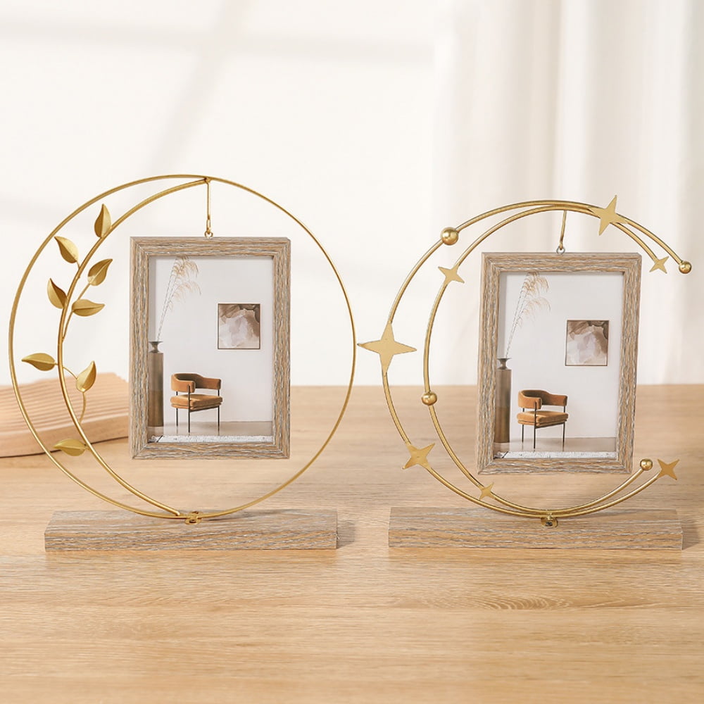 Picture Frame, Kvago Double-Sided Hanging Picture Frame Holds 4x6 Inch Vertical Photos, Family Office Desk Rustic Display Metal Tree Wooden Photo Frame, Gift for Mom Grandma Women Adults (Gold)