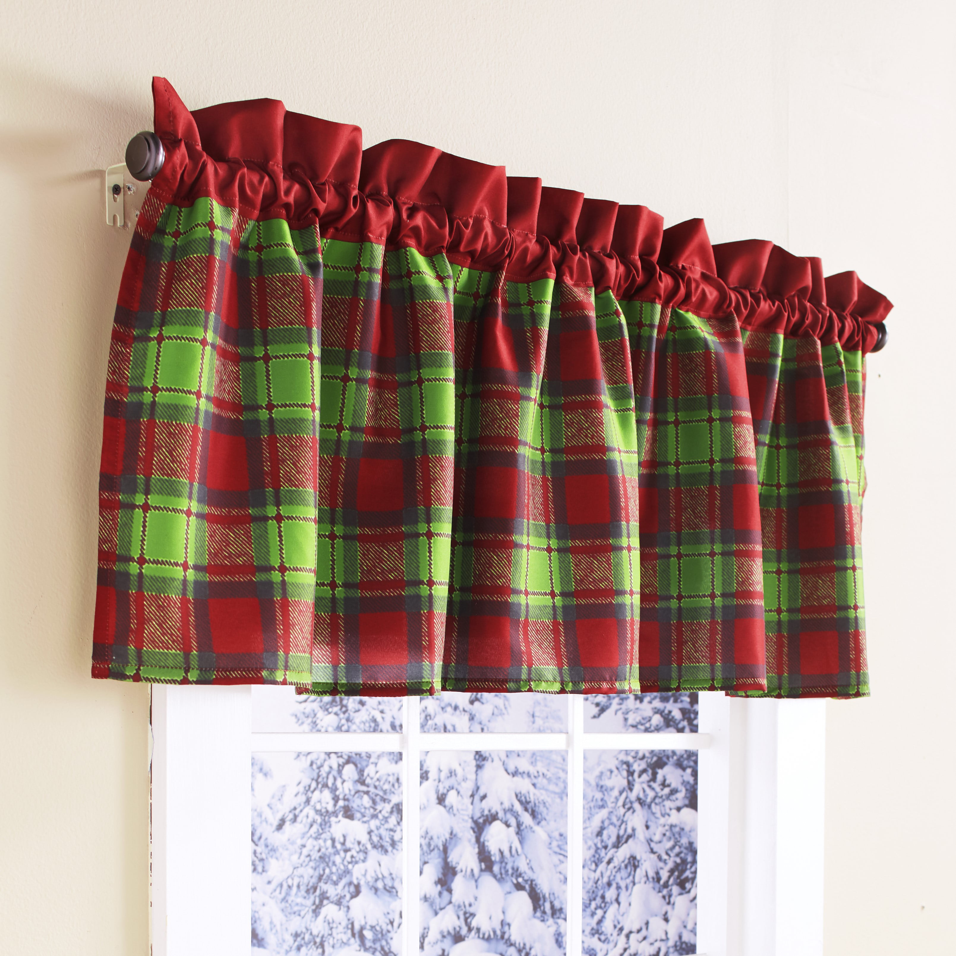 Christmas Holiday Snowmen Trees Checkered Kitchen Bathroom Valance Red Green NEW 