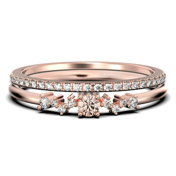 ZigZag Style 1.10 Carat Round Cut Morganite And Diamond Moissanite Unique Style Engagement Ring, Slim Ring, Wedding Ring in 10k Solid Rose Gold, Gift For Her, Promise Ring, Bridal Set, Matching Band