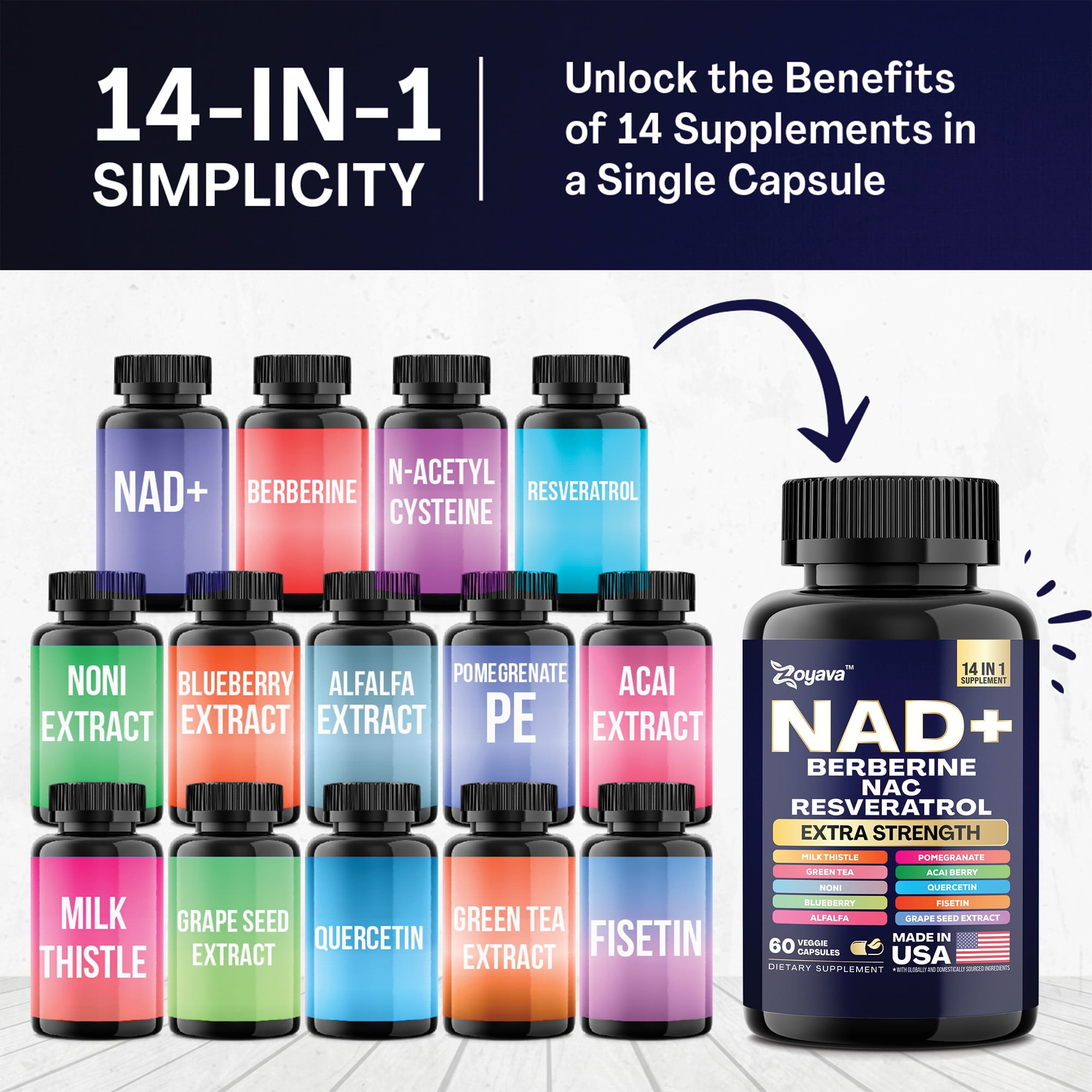 Zoyava NAD+ Supplement Blend with Berberine, Resveratrol, Milk Thistle, Green Tea, 14-in-1 Formula, 60 Capsules