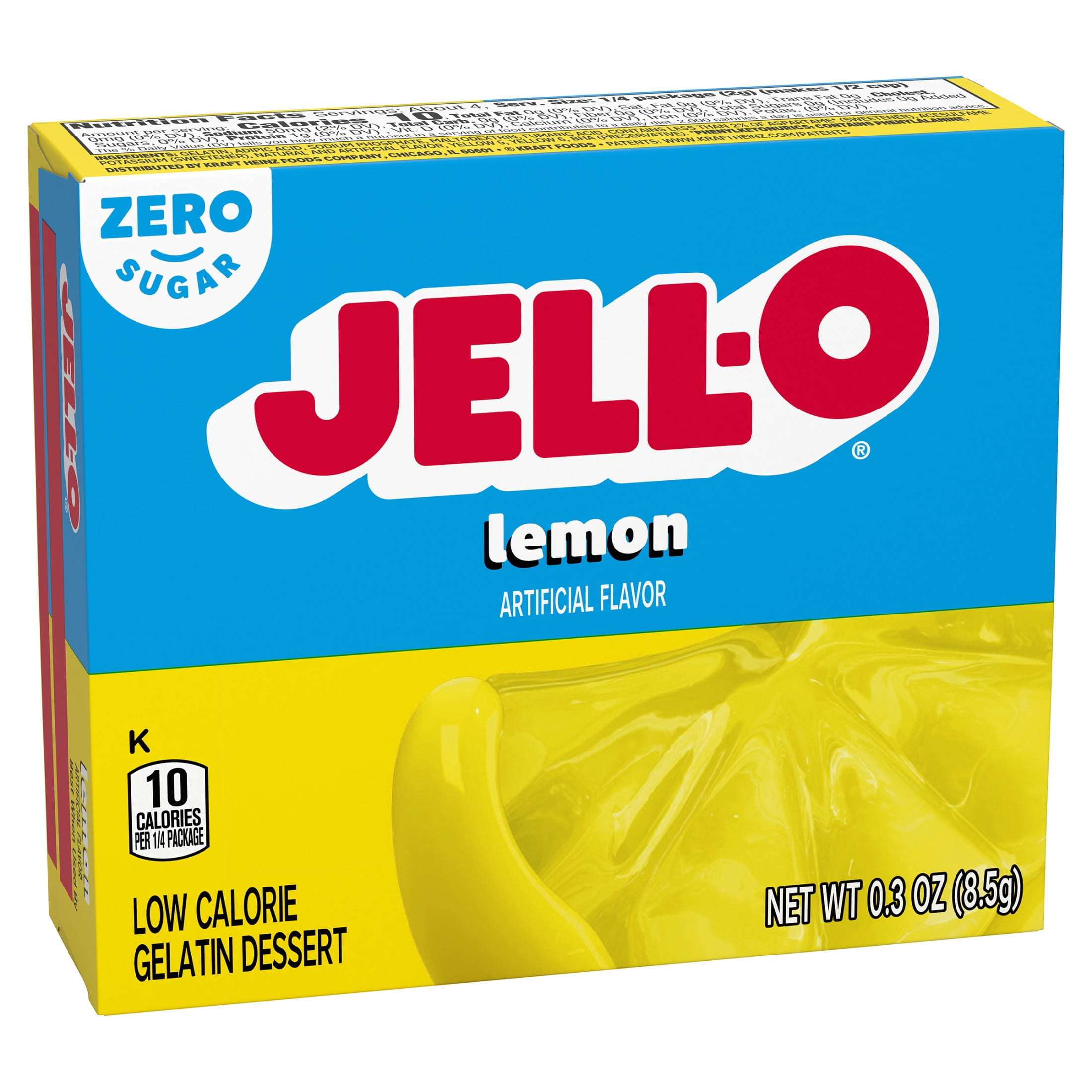 Jell-O Lemon Zero Sugar Gelatin Dessert Mix, 0.3 oz Box