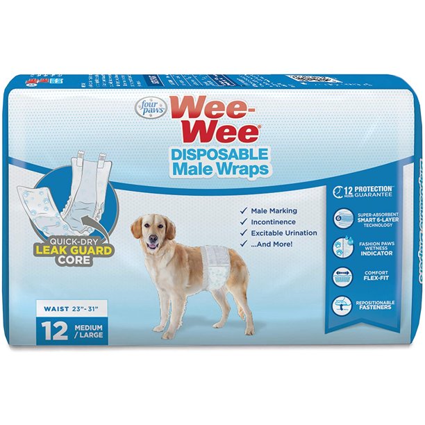 36 count (3 x 12 ct) Four Paws Wee Wee Disposable Male Dog Wraps Medium