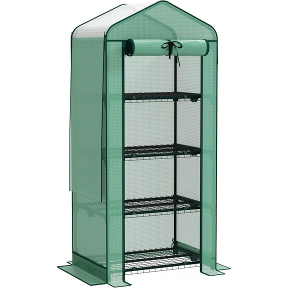 HLL 4 Tier Mini Greenhouse with Screen Roof, 27.6" x 19.7" x 62.2", Portable Small Greenhouse with High Strength PE Cover, Roll-Up Zipper Door for Garden Yard Backyard, Green