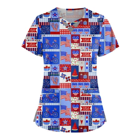 

Yubatuo Independence Day Women Plus Size Scrubs Top with Pockets V-Neck Short Sleeve Printed Work Blouse for Women Royal Blue M