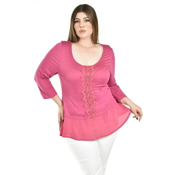 Blusa con detalle de encaje Roman Fashion /Tallas Extras, 182 (Magenta) fucsia oscuro 42