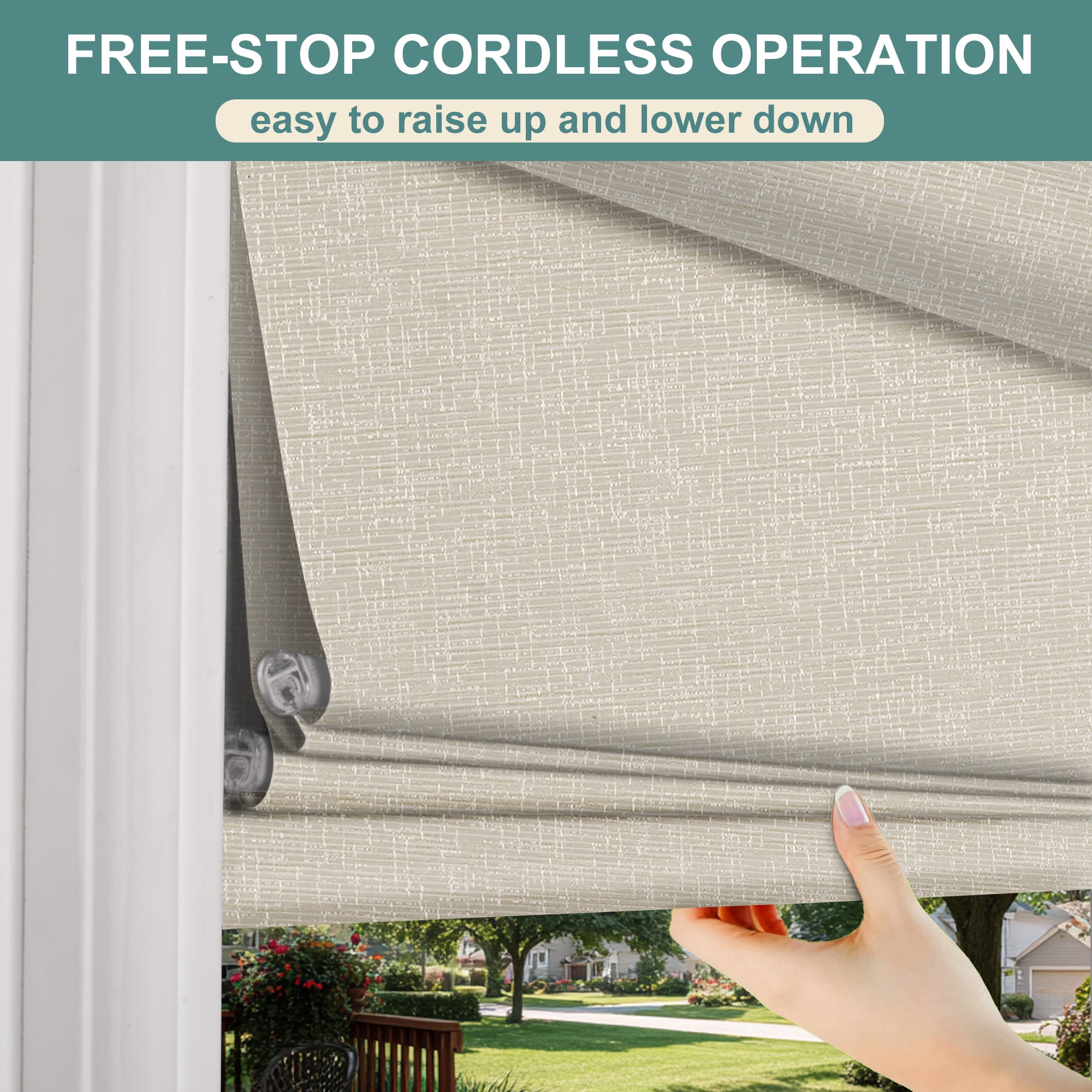 BERISSA No Drill No Tools Blackout Roman Shades for Indoor Windows Cordless, Tension Roman Blinds,Pull Down Window Shades for Home Office Easy to Install,70% Blackout Beige, ,34"W X 72"H