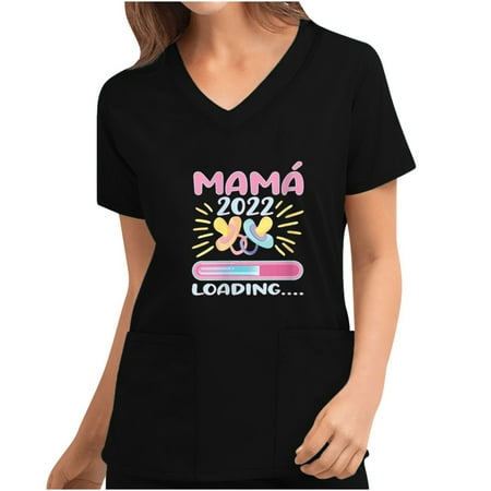 

SOOMLON Mama T-Shirt for Women Funny Leopard Graphic Mama Distressed Shirt Letter Print Mom Tee Short Sleeve V-Neck New Mom Gift with Pocket Mothers Scrubs Tops Mama Loading Black M
