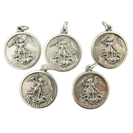 Saint Michael Archangel - Silver Tone Round Saint Michael the Archangel Medal Pendant, Lot of 5, 1 1/4 Inch