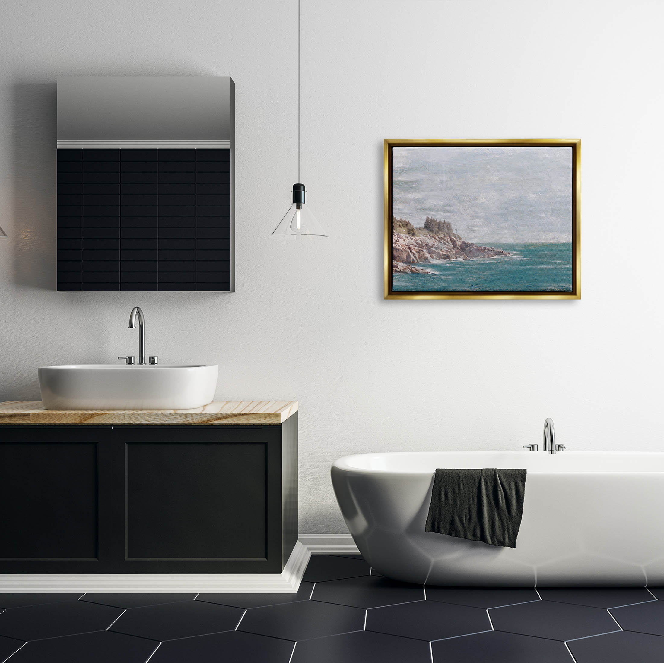 Stupell Industries Rocky Cliff Ocean Landscape Painting Metallic Gold Floating Framed Canvas Print Wall Art, Design by Savannah Miler