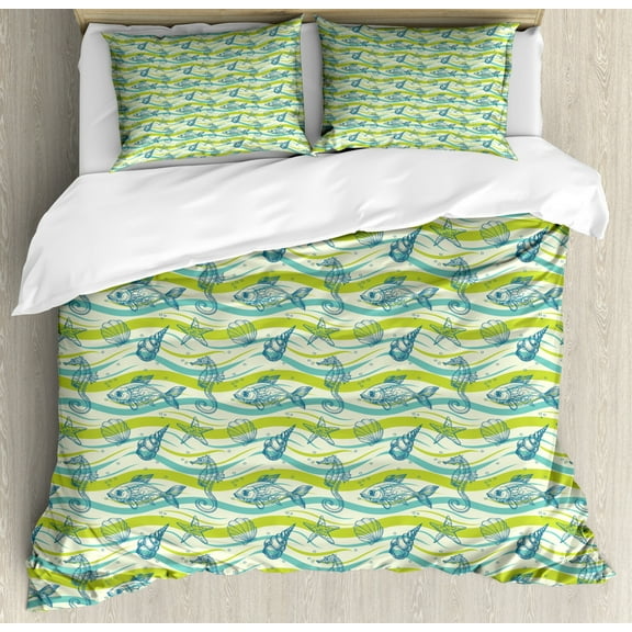 Marine Duvet Cover Set King Size, Hand-drawn Sketched Underwater Habitants Seashells Seahorses, Decorative 3 Piece Bedding Set with 2 Pillow Shams, Dark Teal Apple Green and Seafoam, by Ambesonne