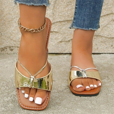 

HAOTAGS Women s Single Band Sandals Beach Flat Slide Sandals Open Toe Square Toe Casual Summer Shoes Gold Size 9