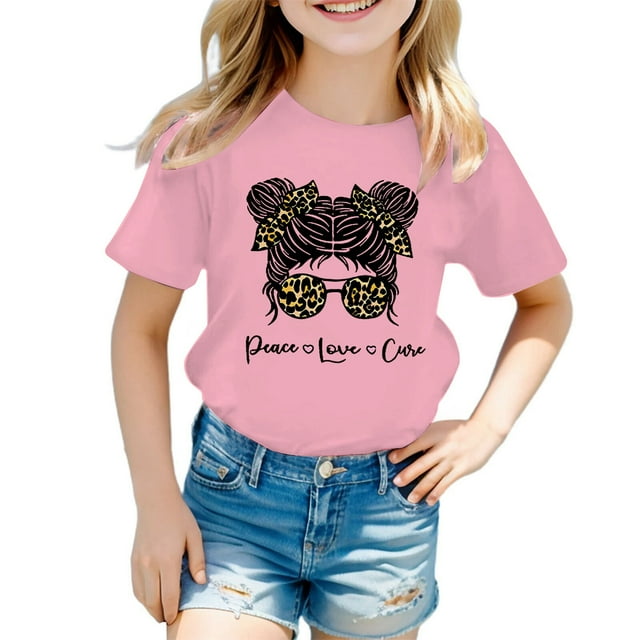 LUOGENLI T-Shirt pour Filles Enfant Filles Mignon Graphique Col Rond Manche Courte Tee Été Décontracté T-Shirt Chemises pour Filles Denim Midi 3-4 Ans