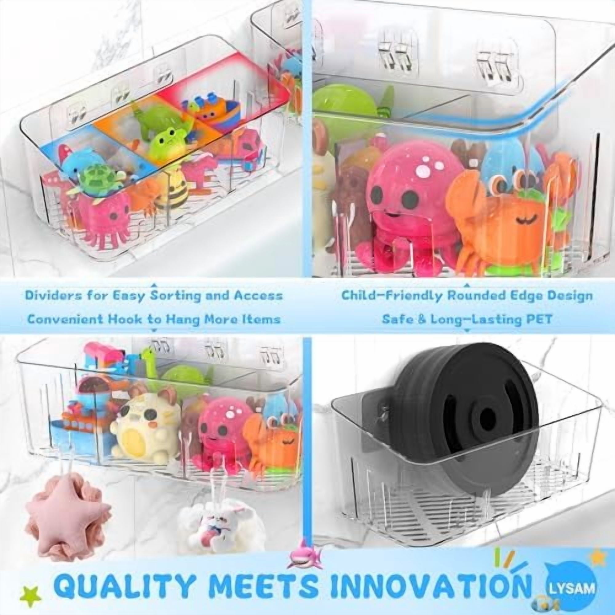 Bath Toy Storage 2 Packs, Large Holder with 3 Compartment, Quick Dry Bathtub Organizer, Tub Net, Shower Basket & Bin, Bathroom Accessories for Baby,Toddler,Kids（Clear）