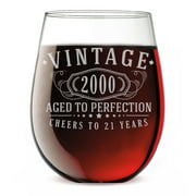 Vintage 2000 Etched 17oz Stemless Wine Glass - 21st Birthday Aged to Perfection - 21 years old gifts