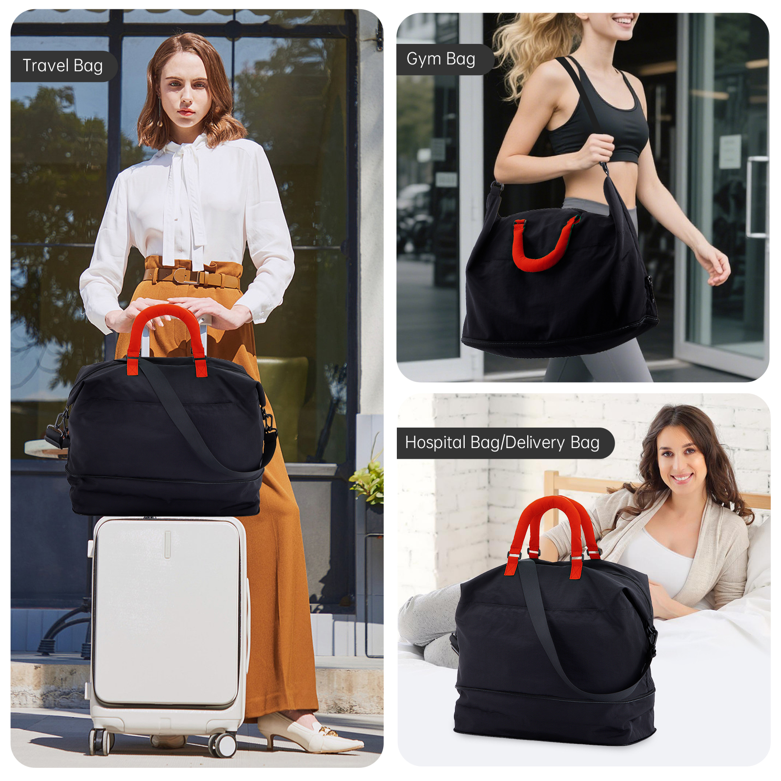 URSOFINE Travel Duffle Bag, Large Capacity Expandable Weekender Bag with Luggage Sleeve, Waterproof Nylon Overnight Bag for Women Men, Gym Bag Hospital Bag with Laptop Pocket