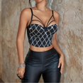 thumbnail image 4 of Womens Spaghetti Strap Corsets Camisole Crop Top Rhinestones Crystal Fish Boned Slim-Fit Strappy Bustier Vest Clubwear L, 4 of 4