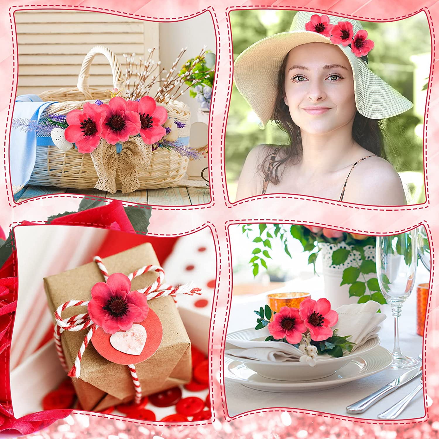 XC  Pieces Artificial Poppies Flowers Red Poppy Artificial Silk Faux Stemless Flowers Head for Memorial Day Veterans Day Wedding Home Decoration Bouquet Corsages Party Centerpiece