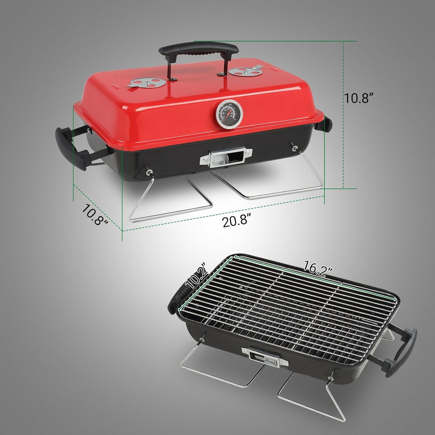 20'' Portable Charcoal Grill with Thermometer & Handle, Metal Compact Tabletop BBQ Grill, Outdoor Cooking Barbecue for Camping Travel Picnic Patio