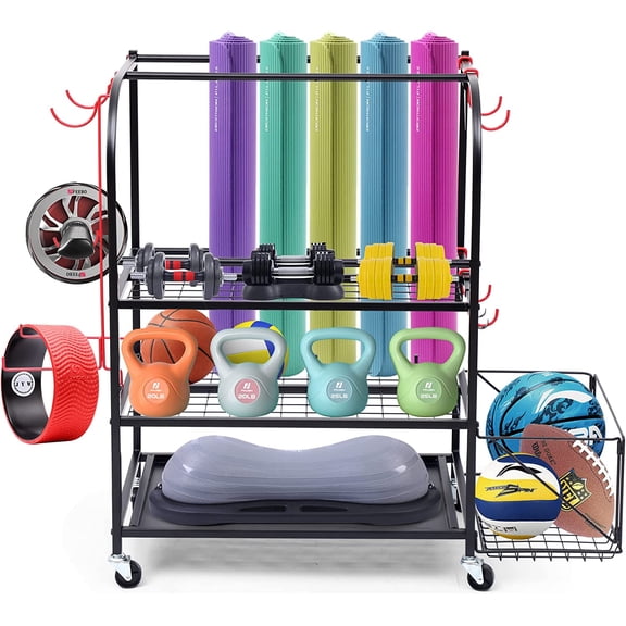 Nice C Outdoor Toy Storage, Garage Organization, Sports Equipment Organizer, Rolling Garage Storage System, Ball Storage Rack, Yoga Mat Storage with Hooks and Basket (3-Layer)