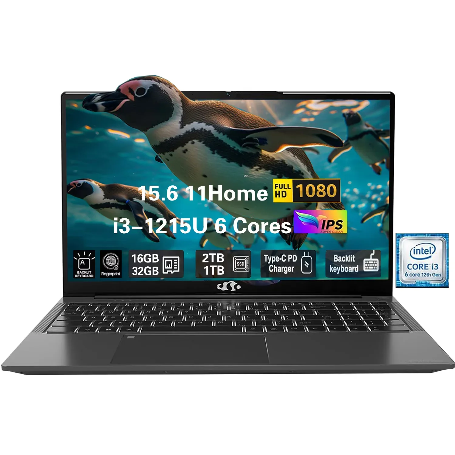 15.6" FHD High-performance laptop, Windows 11, Conference camera, Type-C 65W PD fast charger, Intel i3-1215U 16GB RAM 1TB SSD, Lightweight PC Computer, fingerprint, Backlit keyboard