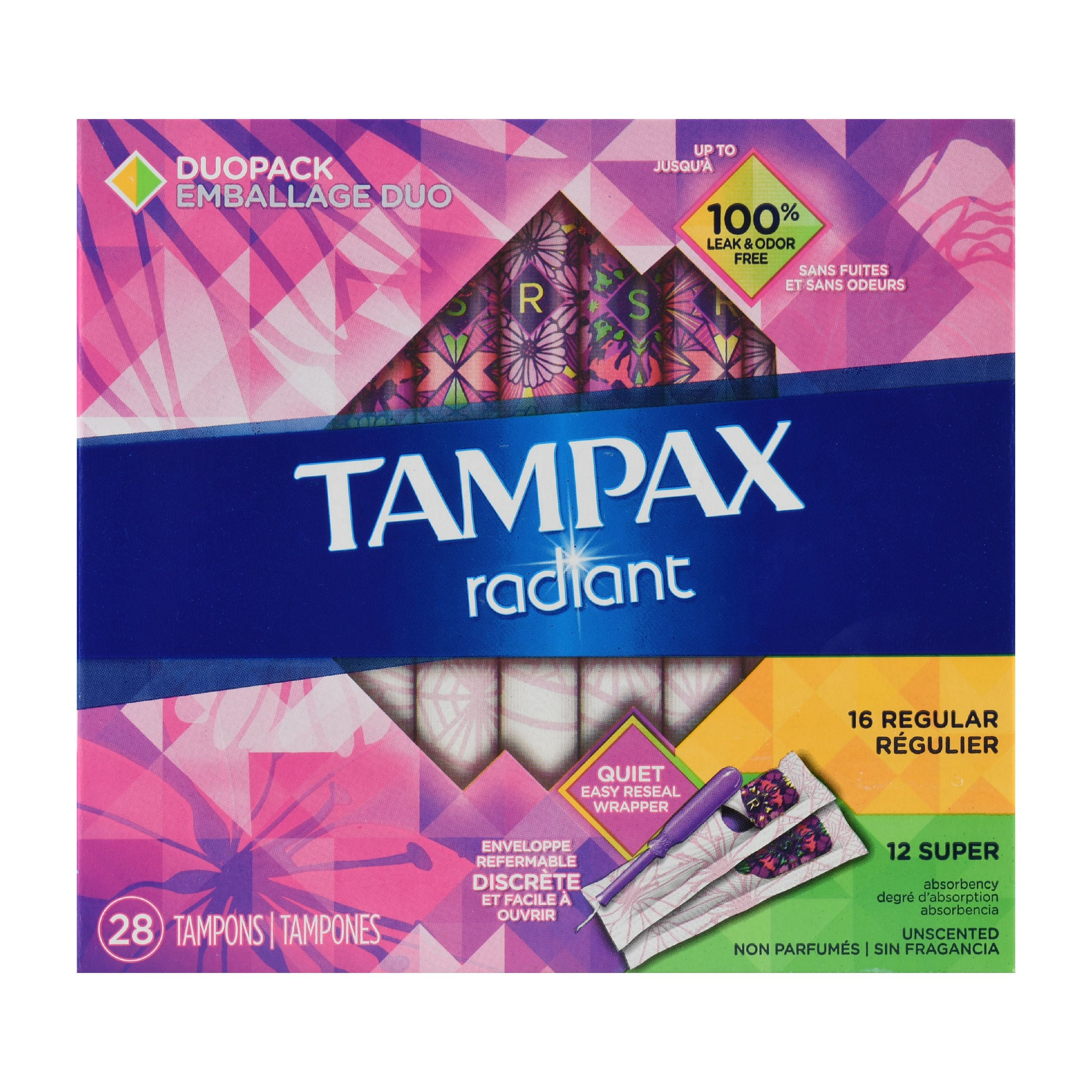 Tampax Radiant Regular and Super Absorbency Plastic Tampons, Unscented
