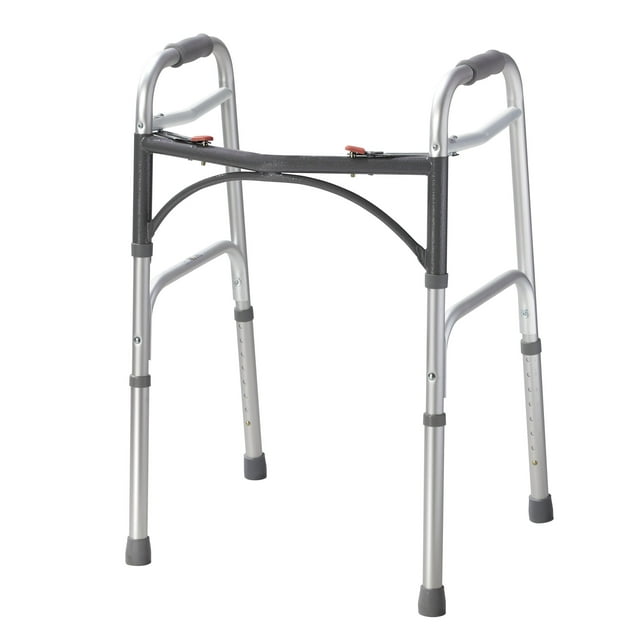 Andador plegable Drive Medical Deluxe de 2 botones, ligero, para adultos mayores y niños, capacidad de peso de 159 kg, color plateado