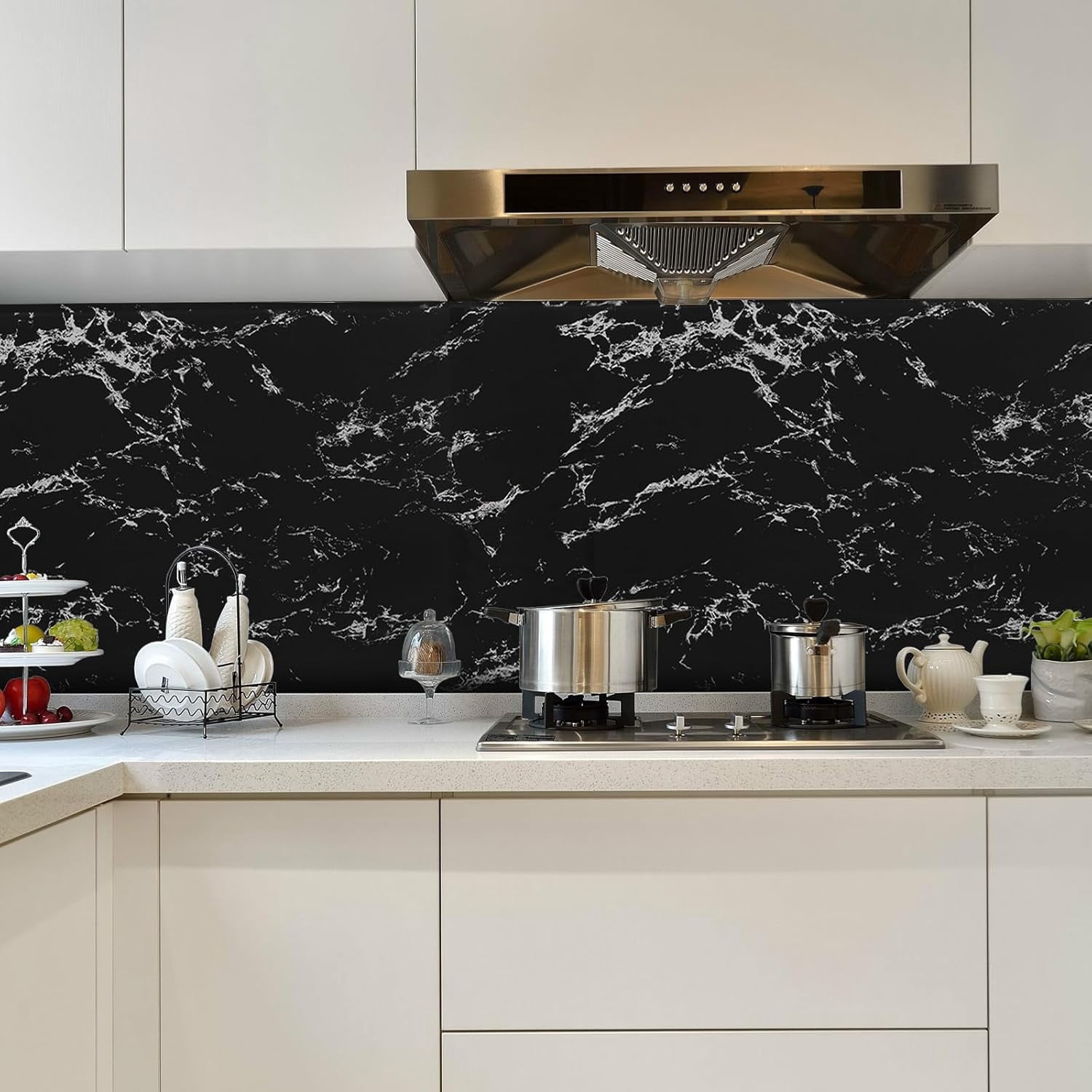 MaxxMarket Glossy Marble Wall Paper Granite Black/Grey Kitchen Countertop Cabinet Furniture Refurbishment Removable Wallpaper Peel and Stick Vinyl Roll 17.7" x 196.8"