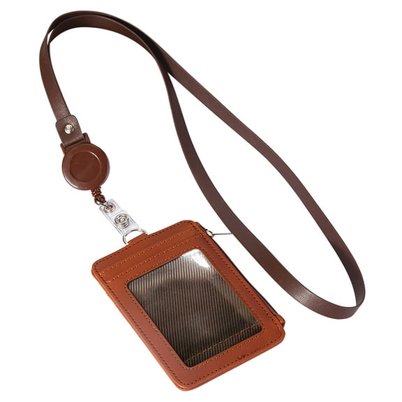 ionze ID Badge Holder With Zip Retractable Heavy Duty Clear Id Card Vertical Lanyard Holder Slim Leather ID Badge Card Wallet (Brown)