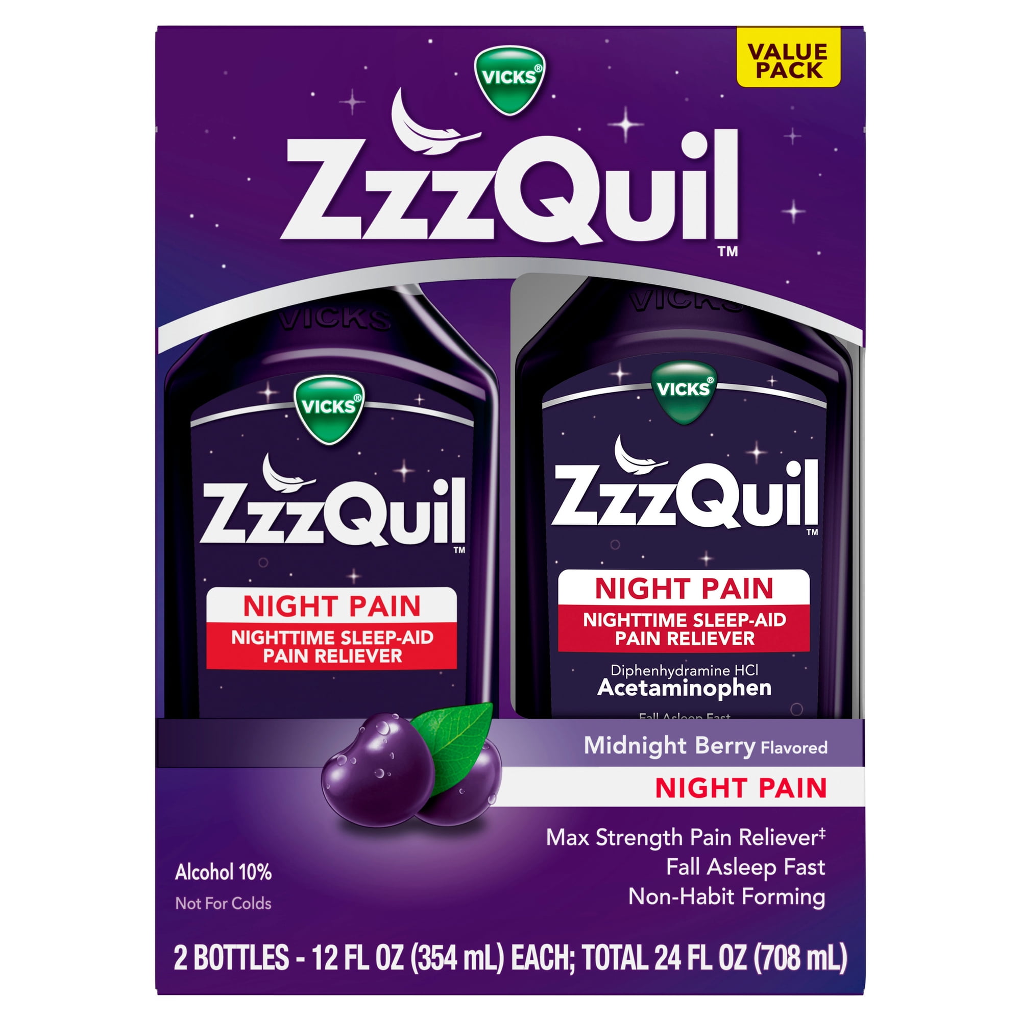 ZzzQuil Liquid Pain Reliever Sleep Aid, Acetaminophen 1000mg, Diphenhydramine 50mg HCI, Midnight Berry Flavor, 2 Pack, 24 fl oz