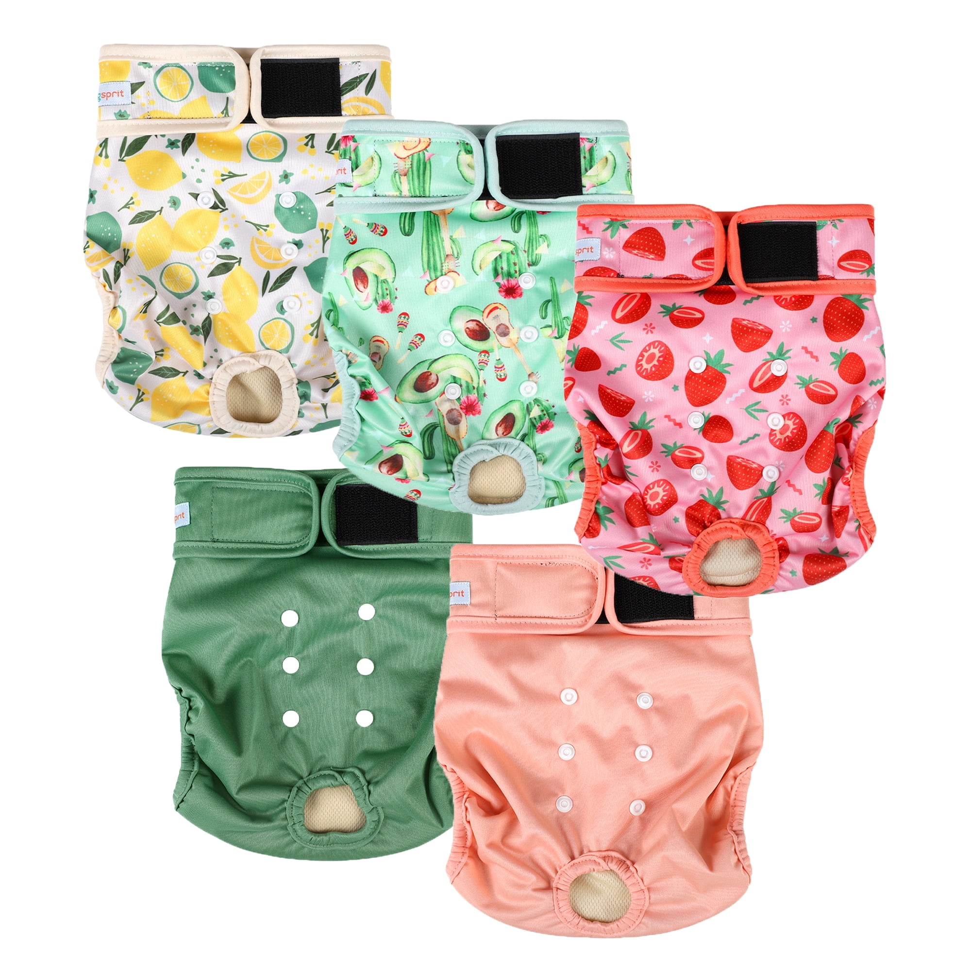 Langsprit Washable Female Dog Diapers (5 Pack) - No Leak Reusable Diapers for Doggy Female in Period - Highly Absorbent Dog Heat Panties with Adjustable Snaps,Fruit,M