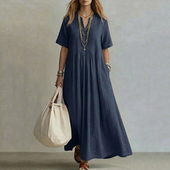 IUYRTFE Women's V Neck Short Sleeve Maxi Dress Cotton Linen Loose Fit Summer Casual Long Vacation Dress