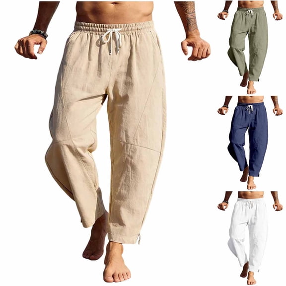 Men Loose Casual Drawstring Waist Pants, Trousers, Joggers With Pockets Elastic Waist Breathable Lightweight Quick Dry For Beach Hiking Workout Summer Daily Cotton Linen Blend