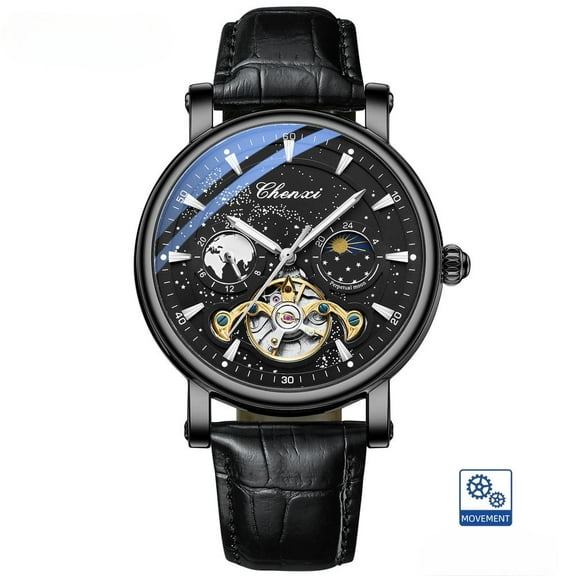 Explojoy Automatic Skeleton Watch – Leather Strap, Luminous Hands, Business Style, Mechanical Movement