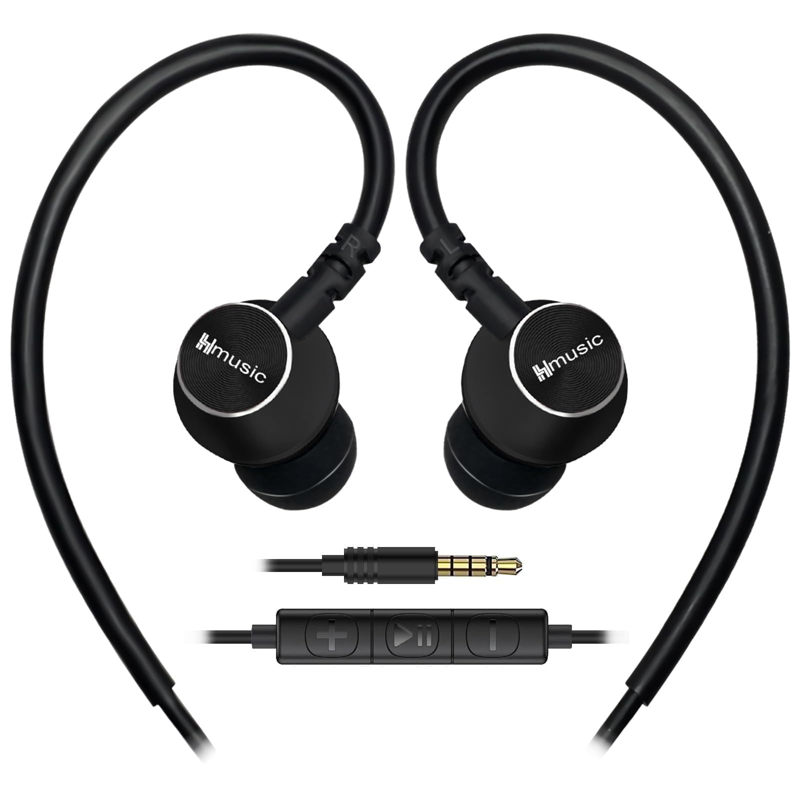 Hmusic Metal In Ear Earphones, 3.5mm Jack Wired Headphone with Mic, Ear Hook Wire Earbuds for Laptop, Smartphone (Black)