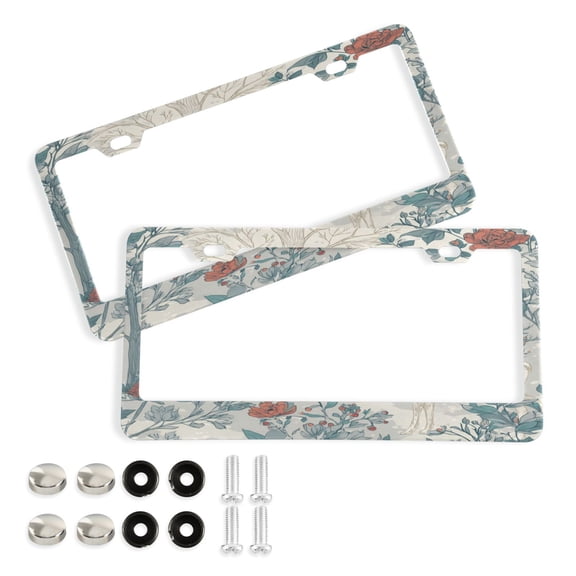 Aluminum License Plate Frame 2 Pack Car Exterior Accessory Car Tag Holder for Front Rear Plates Cars Decor Hand-drawn Deer and Cardinals
