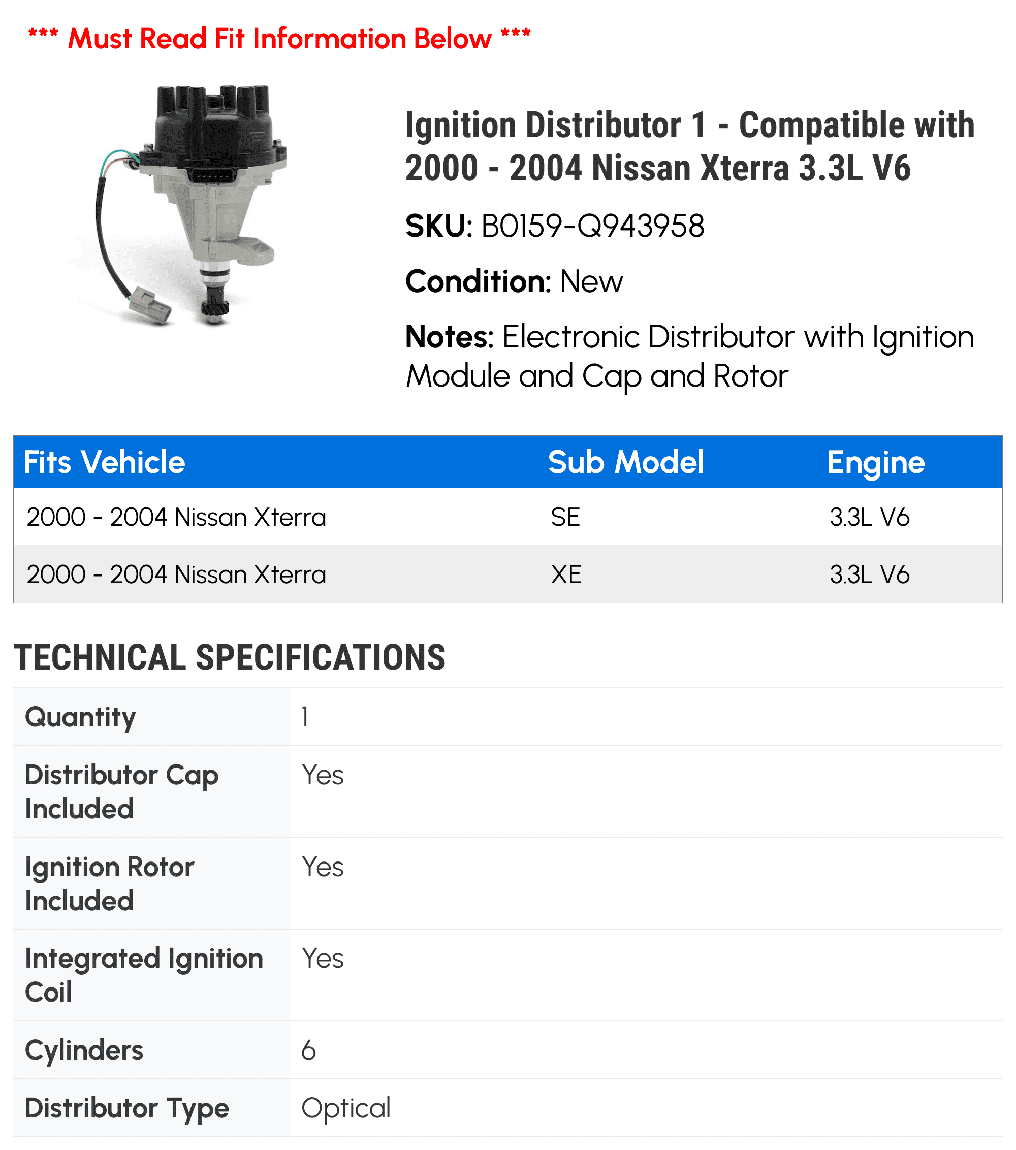 Ignition Distributor 1 - Compatible with 2000 - 2004 Nissan Xterra 3.3L V6 - Autopart Premium