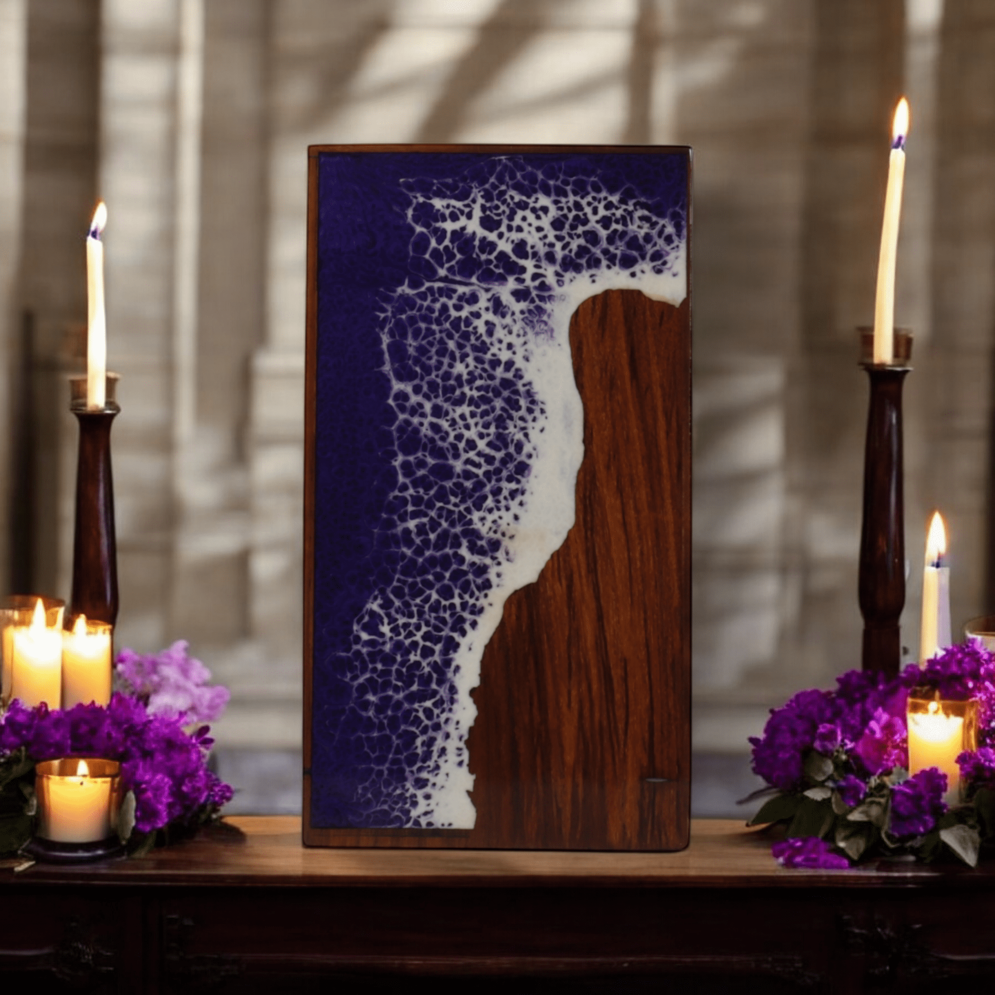 Wooden Cremation Urn for Human and Pet Ashes, Memorial Urn, Burial Urn, Keepsake Urn, Adult Urn with Epoxy Design (Extra Large)